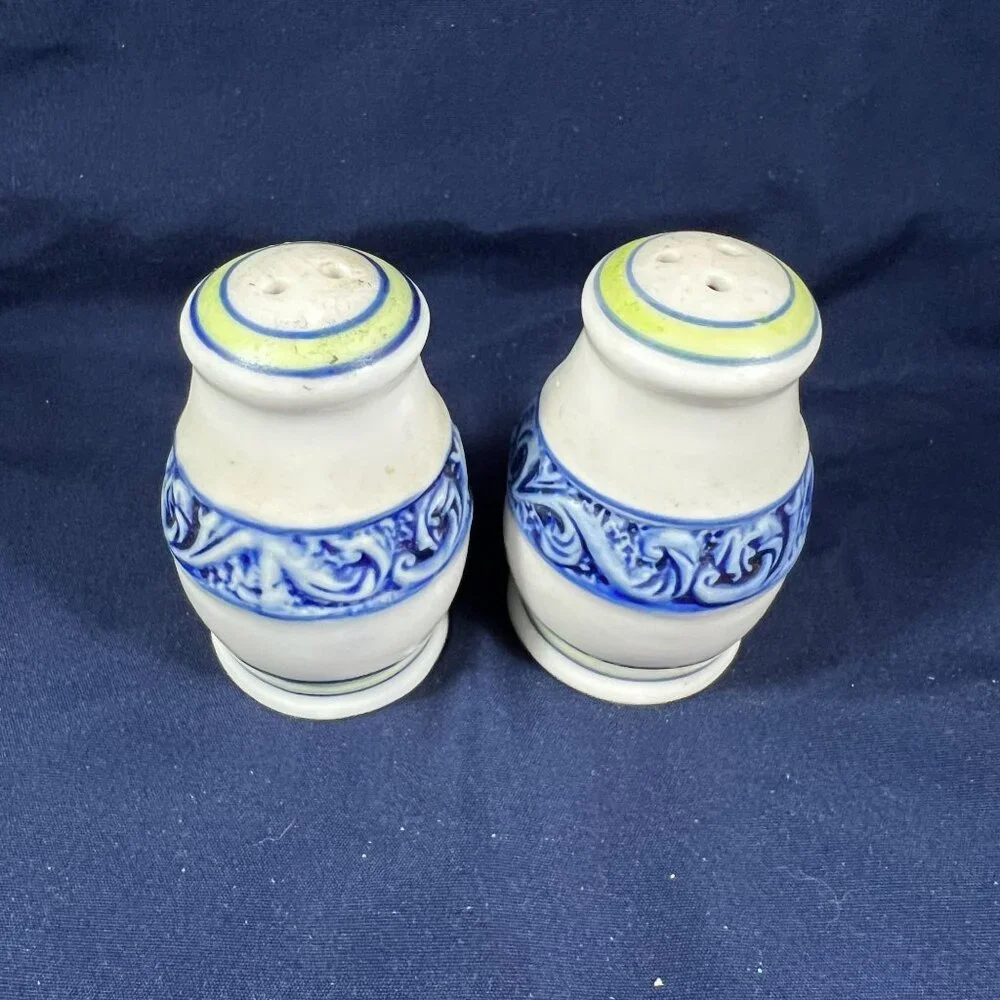 Vintage Ceramic Blue & White Salt & Pepper Shakers With Yellow Accents - Picture 2 of 2